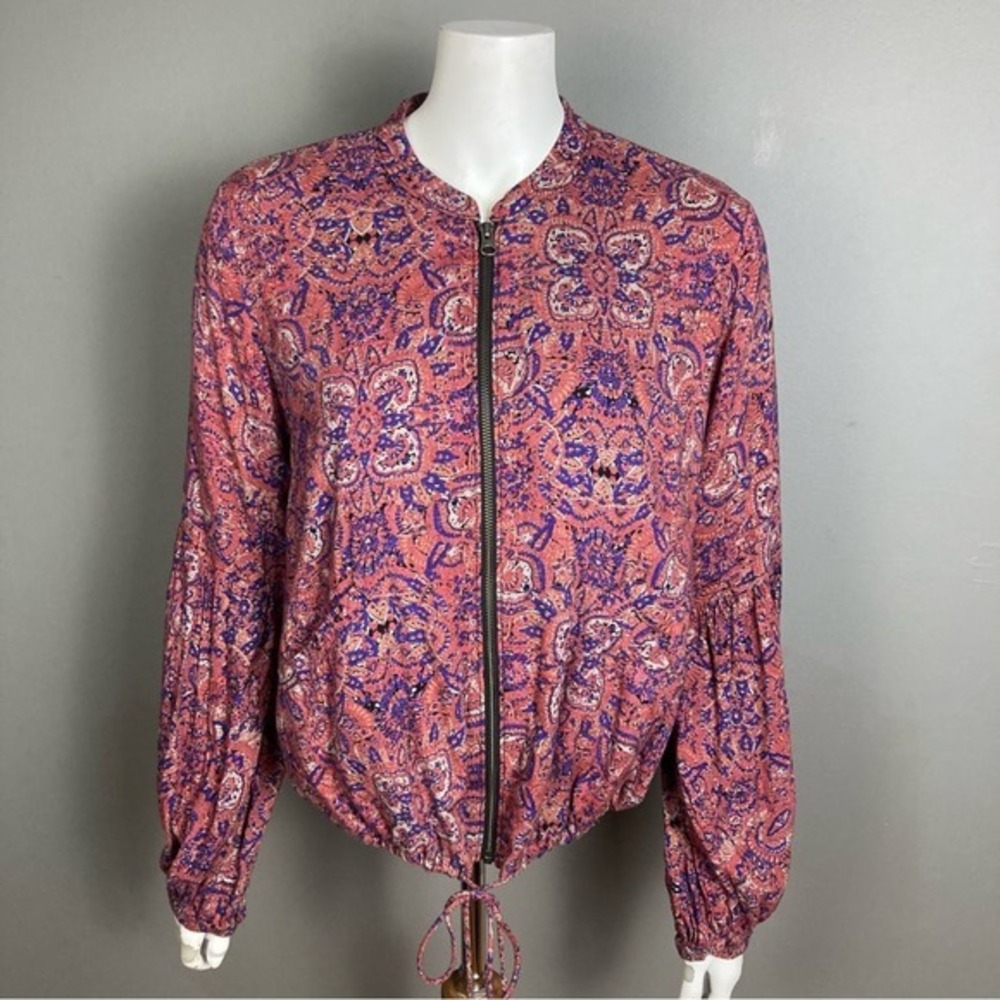 Free People bomber jacket small lightweight pink blue mosaic pattern